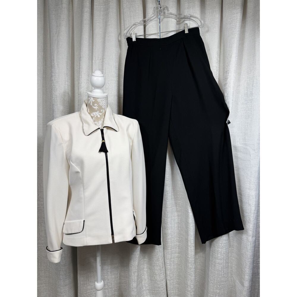 Jessica Howard Ivory Zip-Front Jacket & Black Pants Suit – Size 16 - Picture 3 of 15